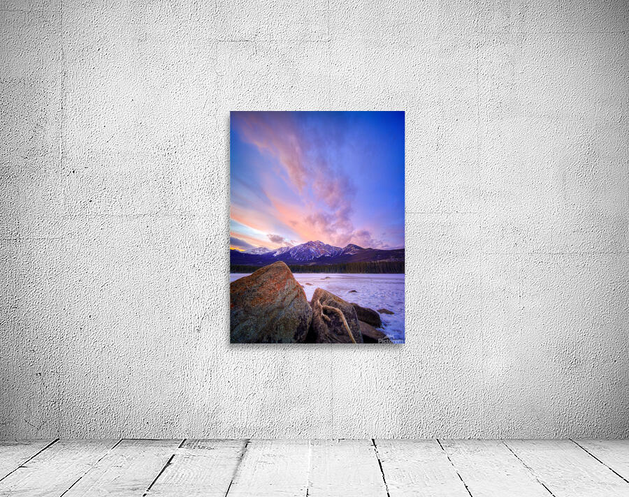 Pyramid Mountain at Sunset Across Frozen Lake by Darcy Michaelchuk